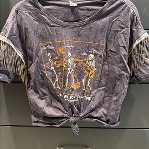 Skeleton Graphic Cropped T-Shirt with Gold Fringe Sleeves